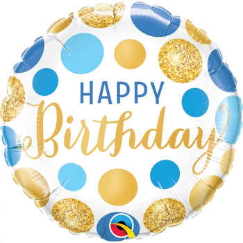 Folienballon Happy Birthday Blue & Gold Dots
